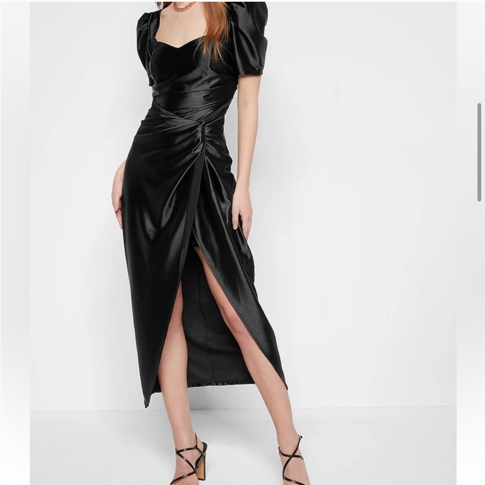 Satin Puff Sleeve Ruched Faux Wrap Midi Dress